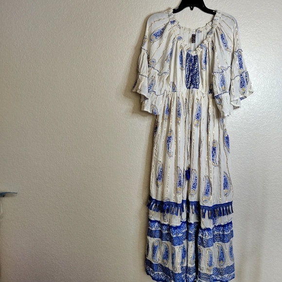 Anthropologie Me2Magic Maxi Dress White Blue Boho Santorini Summer Sz L - Picture 1 of 8